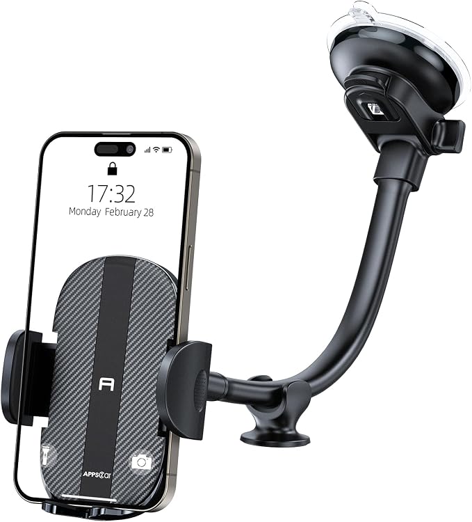 APPS2Car Cell Phone Holder for Car Dashboard Windshield Phone Mount for Car Long Arm Car Phone Holder Mount Strong Suction Cup Anti-Shake Stabilizer Compatible for iPhone, Samsung, All Smartphones