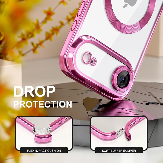 Misea Magnetic for iPhone 17 Air Case Compatible with MagSafe [Never Yellowing] [Military Grade Drop Protection] Full Camera Lens Protector Plating Soft Clear Phone Case for Women, Hot Pink