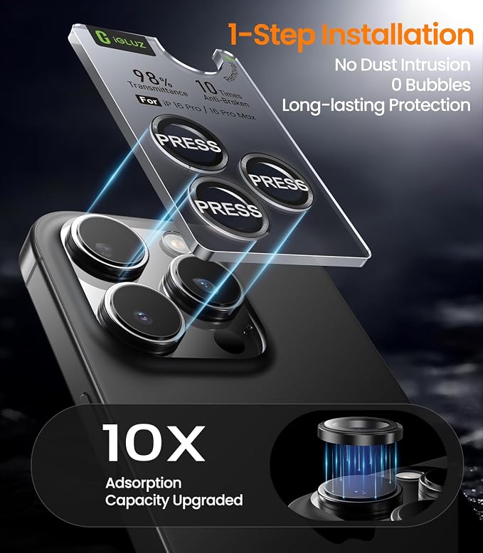 iGluz 2 Pack Anti-Reflection Camera Lens Protector for iPhone 16 Pro/iPhone 16 Pro Max [98% Transmittance][1-Step Installation Tray][Strong Adsorption] 9H Shatterproof Tempered Glass-Black Titanium