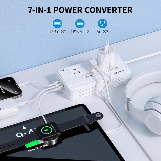 2000W Voltage Converter US to Europe, 220V to 110V Converter for European Travel with 3 AC 2 USBC 2 USBA Ports, European Travel Plug Adapter with Type C/G/I/L Power Plugs (White)