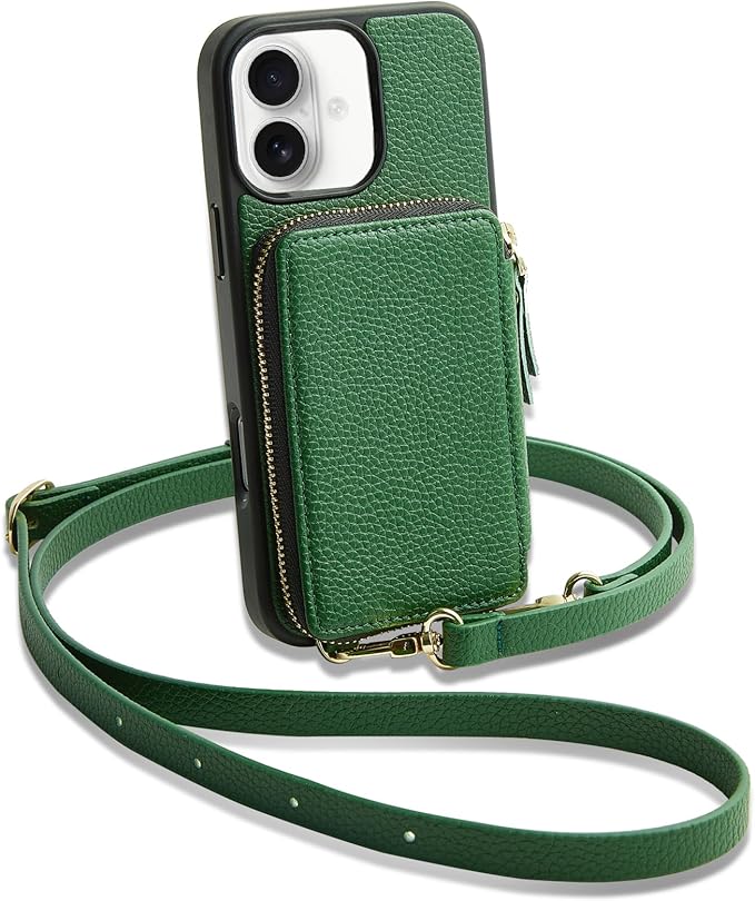 ZVE for iPhone 17 Wallet Case with Card Holder, Leather Crossbody Phone Purse Case with Wrist Strap 6.3" Dark Green