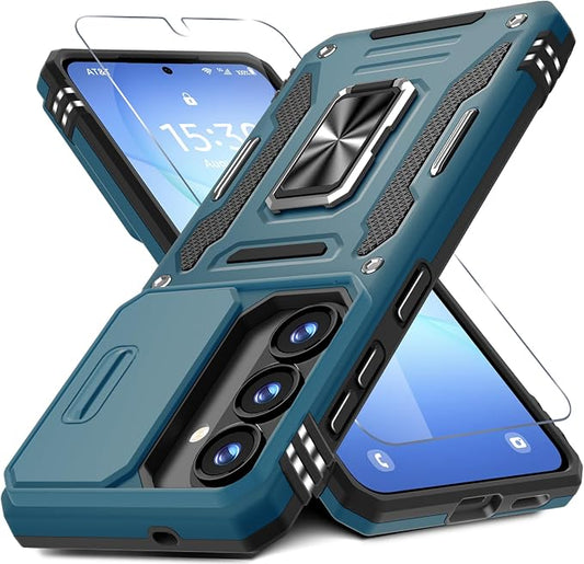 DEERLAMN Case for Samsung Galaxy S26+ Plus 6.7-Inch with Slide Camera Cover+Screen Protector(1 Pack), Rotated Ring Kickstand Military Grade Shockproof Protective Cover-Light Blue