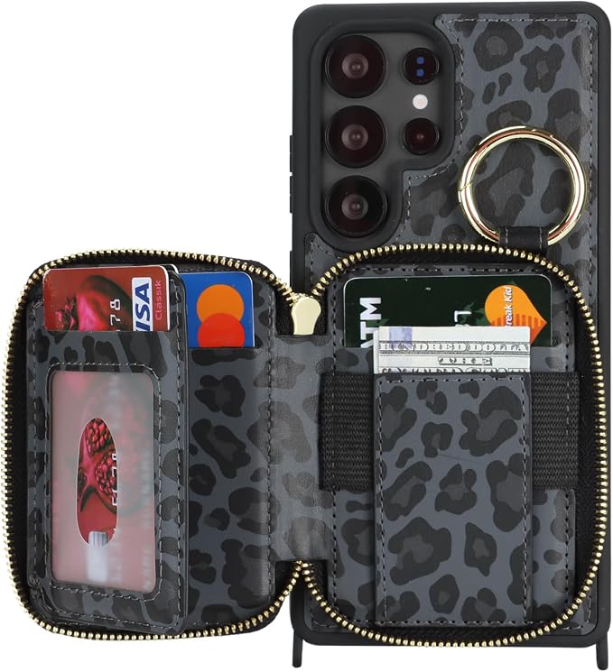 Crossbody Wallet Case for Galaxy S25 Ultra, PU Leather Zipper Handbag Purse Flip Cover, Kickstand Folio Case with Card Slots Holder Wrist Strap Lanyard -Black Leopard