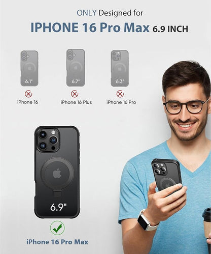 for iPhone 16 Pro Max Case, with Screen Protector + Camera Lens Protector, Built-in Seamless Stand, [Compatible with MagSafe] Protective Shockproof Phone Case, Matte Back Cover for 6.9" - Black