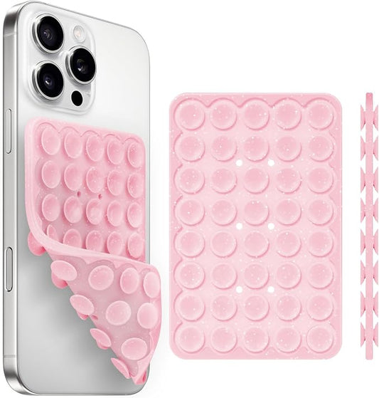 Silicone Suction Cup Phone Case Mount Double Sided, Phone Accessories Hands-Free Strong Grip Holder for Selfies and Videos (Light Pink Glitter)