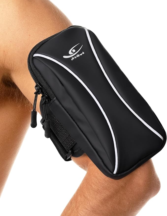 HiRui Arm Bag & Wrist Bag Phone Holder, Sports Running Armband for Gym, Cycling & Workout, Compatible with iPhone 17/16/15 Series, Samsung Galaxy & More, Reflective, Adjustable, Secure Fit (Black)