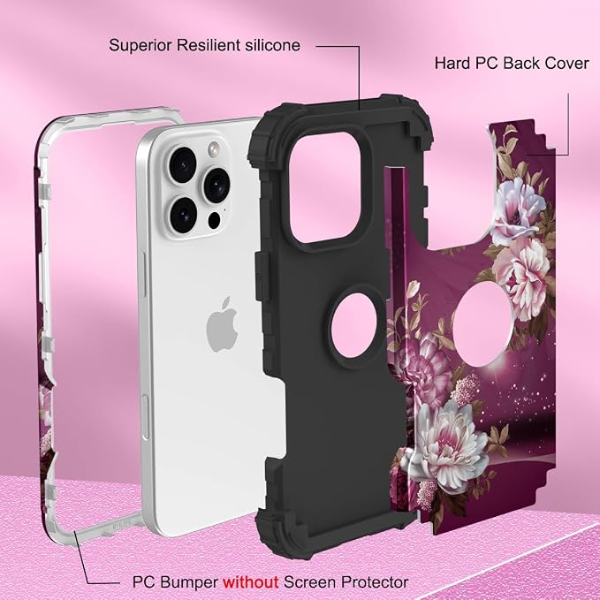 Hocase for iPhone 16 Pro Case 6.3", Heavy Duty Shockproof Protection Soft Silicone Rubber+Hard Plastic Bumpers Hybrid Protective Case for iPhone 16 Pro 2024 - Royal Purple Flowers