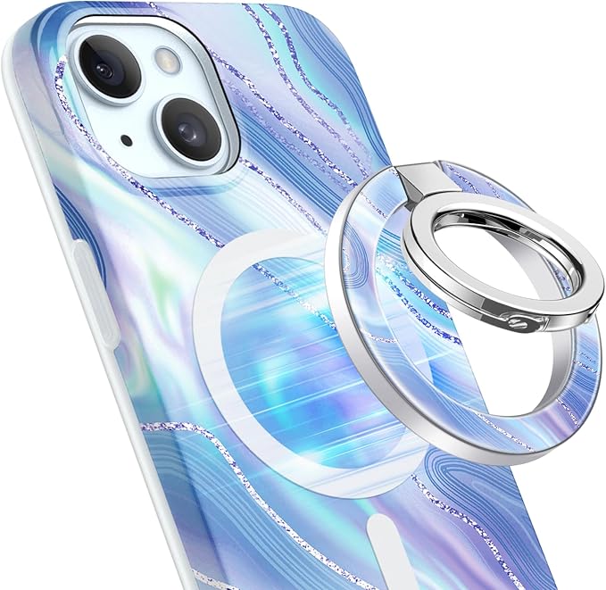 GVIEWIN Magnetic Phone Ring Holder, Compatible with MagSafe Phone Grip with Adjustable Stand, Magnet Phone Ring Kickstand for iPhone 17/16/15/14/13/12 Pro Max Plus Air/Other Phones (Aurora/Azure Blue)