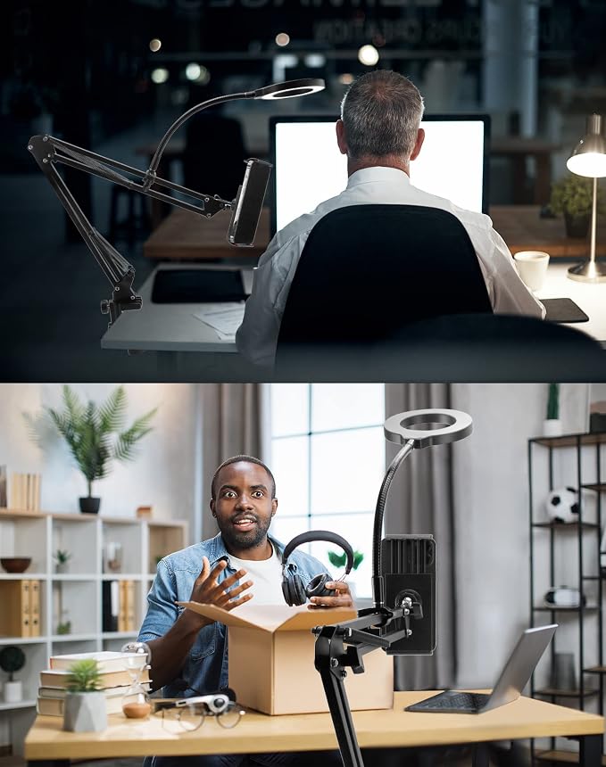 QWORK Overhead Camera Mount, Phone Mount with Ring Light, Flexible Articulating Phone Arm Stand, Phone Holder Stand, Phones Mount Clamp on Desk, for Live Stream, Video Recording and Online Teaching