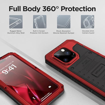 Mitywah Waterproof Case for iPhone 14 Pro Max, Heavy Duty Shockproof Case with Built-in Screen Protector, Full Body Underwater Protective Metal Case 6.7 inch, Red