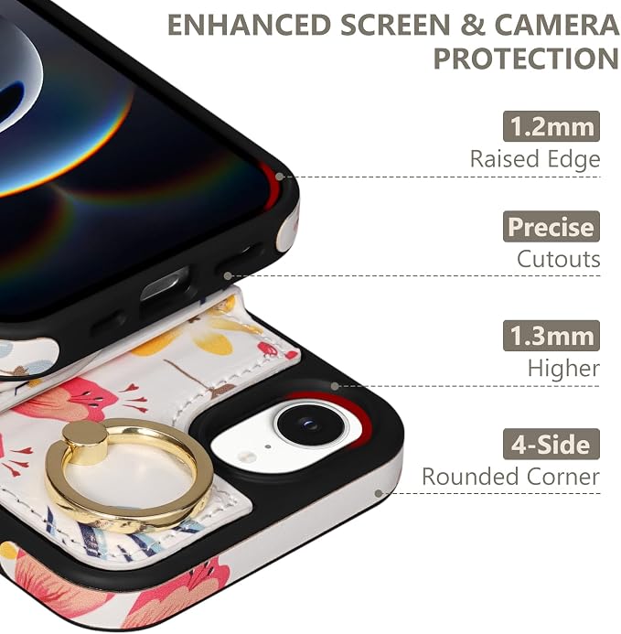 Keallce Wallet Case for iPhone 17e/iPhone 16e, Flip Case with Card Slots, Ring Holder Kickstand, PU Leather Protective Folio Cover for Women,Floral
