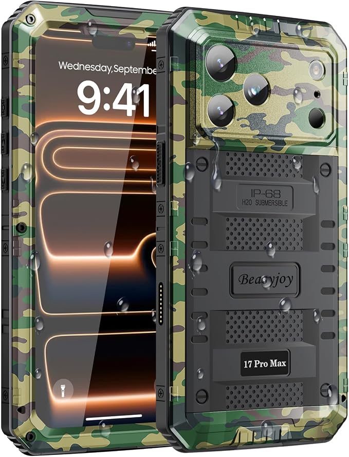 Beasyjoy for iPhone 17 Pro Max Case Waterproof, Heavy Duty Metal Case with Built-in Screen Protector, Full Body Rugged Military Grade Shockproof Dustproof Cover for Construction Outdoor 6.9", Camo