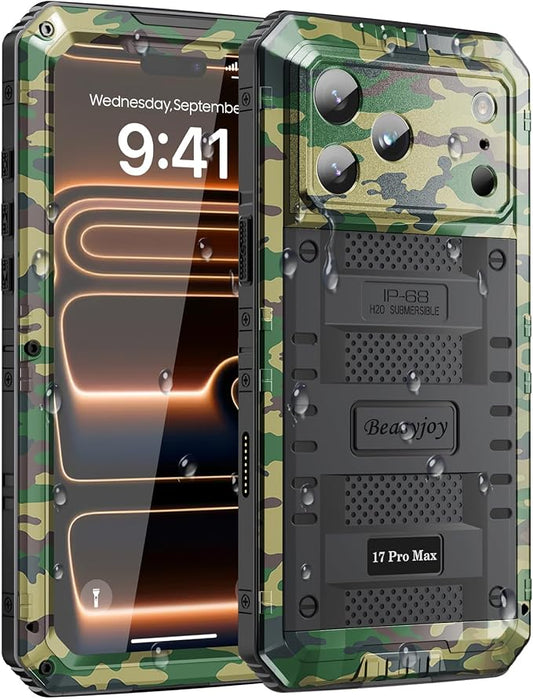 Beasyjoy for iPhone 17 Pro Max Case Waterproof, Heavy Duty Metal Case with Built-in Screen Protector, Full Body Rugged Military Grade Shockproof Dustproof Cover for Construction Outdoor 6.9", Camo