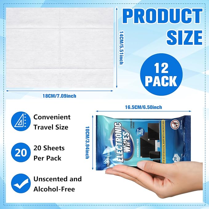 240 Wipes/12 Pack Electronic Cleaning Wipes, Pre-Moistened Screen Wipes for TVs, Computer, Monitor, Phones and Other Electronics, Resealable for a Freshness Lock, No Scratches, No Steaks