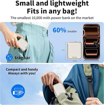Hichain Small Portable Charger with Built in Cables LED Display Gold | Mini Power Bank 10000mAh 22.5W USB-C Fast Charging Battery Pack, Travel Essential Power Bank for iPhone, Samsung, Android