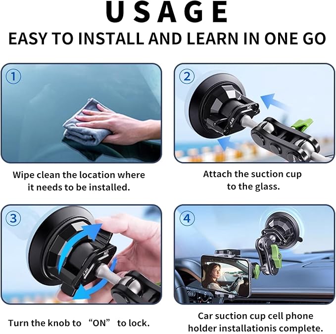Car Phone Holder-Phone Mount for Car Windshield & Truck-Holder with 360° Rotating Metal Arm-Mount with Super Stable Suction Cup for All Vehicles