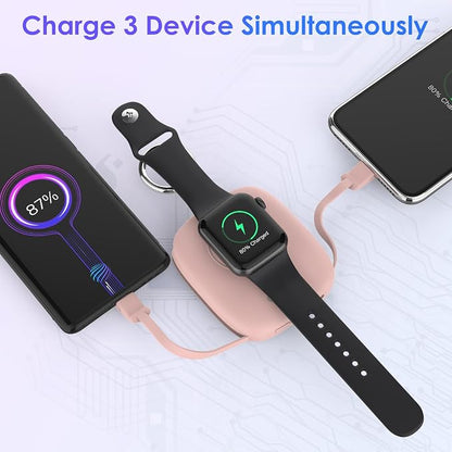 Small Portable Charger 5000mAh,iWatch Wireless Charger Mini Power Bank with Built-in Cable,Travel Keychain Charger for Apple Watch 11/10/9/8/Ultra/7/6/Se/5/4,iPhone 17/16/15/14/13/12,Android Phone