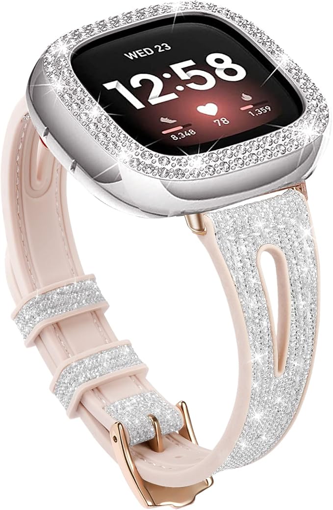 Bling Thin Band for Fitbit Sense/Fitbit Versa 3 Bands for Women Silicone Glitter Strap Accessories Compatible with Fitbit Sense 2/Versa 4 (Silver, Fitbit Sense/Versa 3)