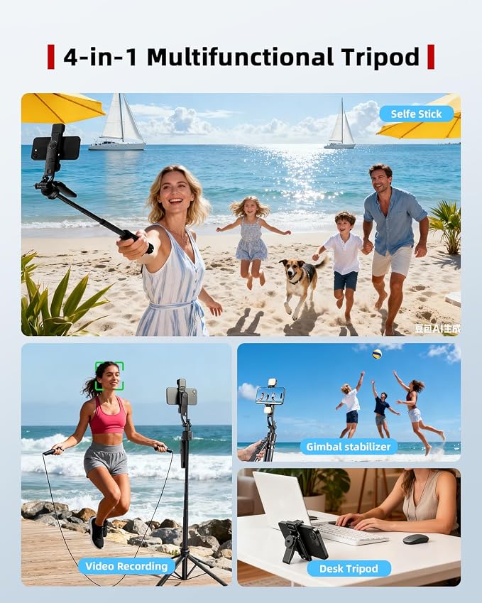 Auto Face Tracking Selfie Stick Tripod for iPhone with Light 360° Rotation That Follows Your Movement 63" Camera Tripod Stand with Remote for Content Creator Vlog Live Stream Video Recording