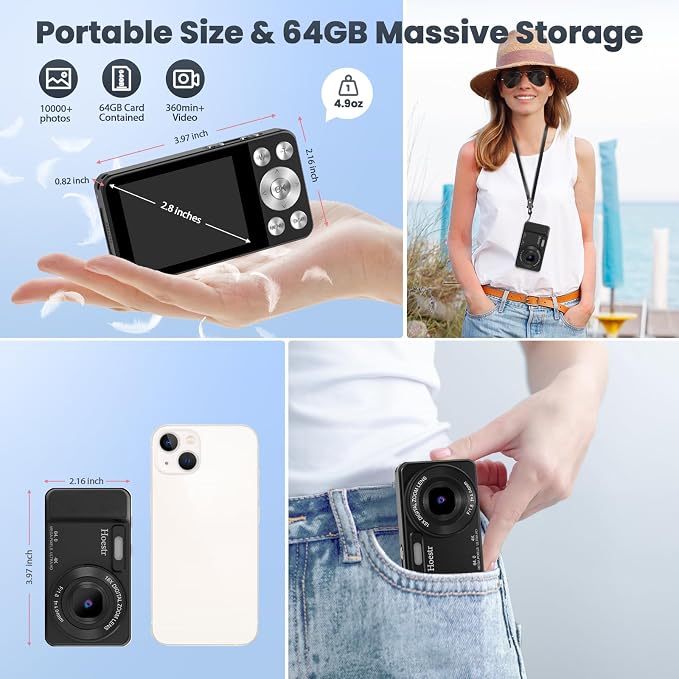 64MP 4K Digital Camera, Hoestr 18X Zoom Autofocus Point and Shoot Compact Camera with 64GB TF Card, Flash, 2.8" LCD Screen for Teens Adult Beginner Travel Photography Vlogging（Black）