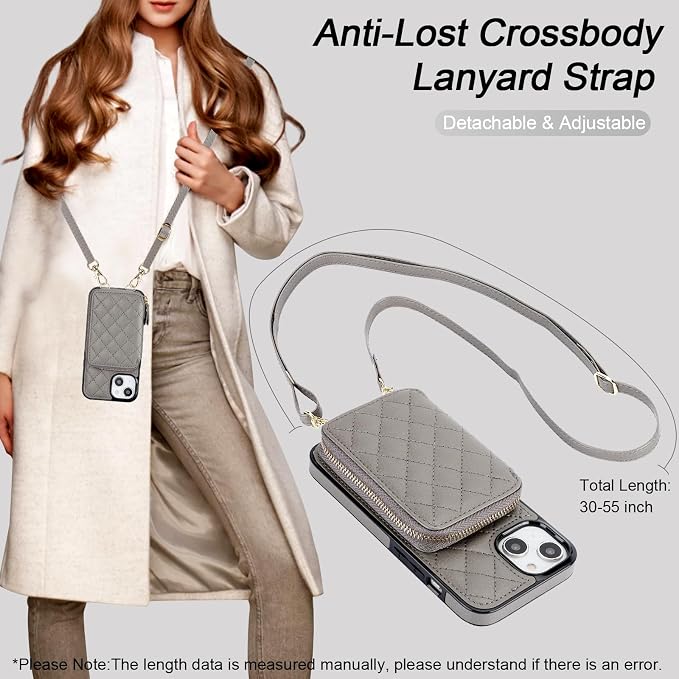 Bocasal Crossbody Wallet Case for iPhone 14, RFID Blocking PU Leather Zipper Handbag Purse Flip Cover, Kickstand Folio Case with Card Slots Holder Wrist Strap Lanyard 5G 6.1 Inch (Grey)