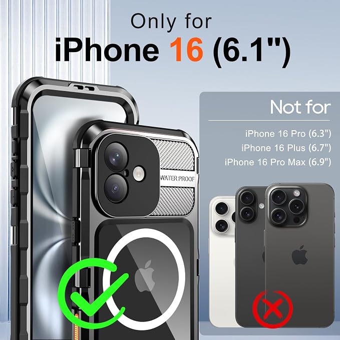 WIFORT for iPhone 16 Waterproof Case - Metal Heavy Duty [Built-in Screen Protector] [14FT Military Shockproof] [Fit for MagSafe], IP68 Full Body Rugged Water Proof Magnetic Cover, 6.1" Black
