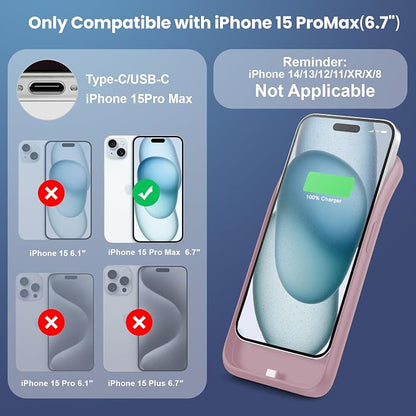 Battery Case for iPhone 15 Pro Max,Powerful 8600mah Ultra-Slim Protective Charging Case,15W Fast Charging Portable Rechargeable Expandable Battery Charger Cover for iPhone 15 Pro Max(6.7inch)-Pink