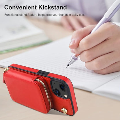 Bocasal Crossbody Wallet Case for iPhone 14 iPhone 13, RFID Blocking Leather Purse Case with Card Holder, Protective Handbag Flip Cover with Zipper Wrist Strap Lanyard for Women 5G 6.1 Inch (Red)