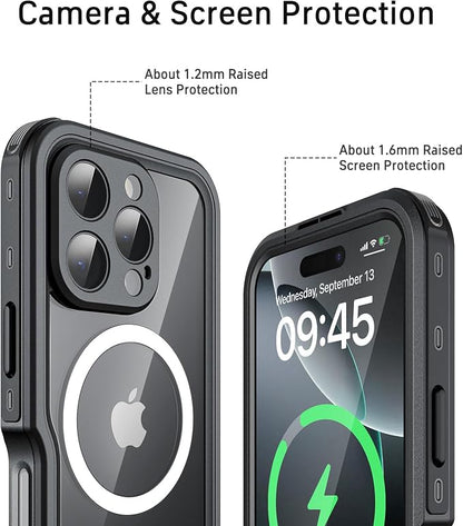 Waterproof Phone Case for iPhone 16 Pro, [Compatible with Magsafe] [IP68 Underwater] [Built-in Screen Protector & Glass Camera Protector] Full Body Shockproof Cover with Lanyard Black/Clear