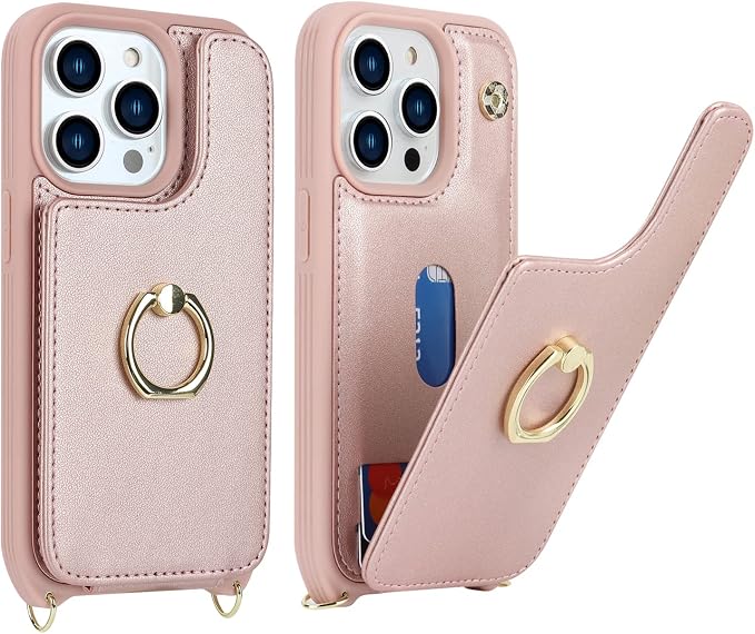 Lipvina for iPhone 14 Pro Case with Card Holder for Women,Phone Case with Strap,Crossbody Lanyard,RFID Blocking,Ring Stand,Snap Clasp,Cute Wallet Case 6.1 inch(Rose Gold)