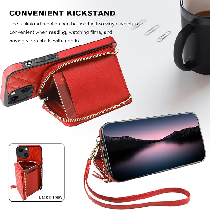 Bocasal Crossbody Wallet Case for iPhone 13, RFID Blocking PU Leather Zipper Handbag Purse Flip Cover, Kickstand Folio Case with Card Slots Holder Wrist Strap Lanyard 5G 6.1 Inch (Red)