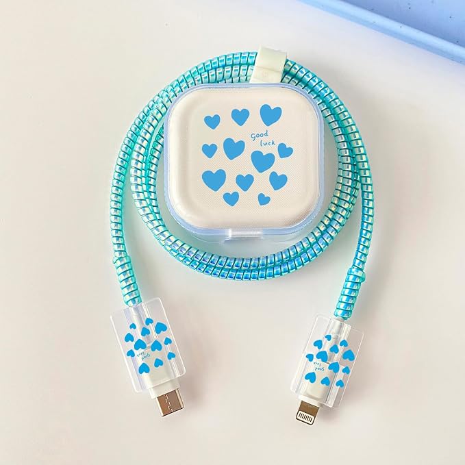 Charger Cover Protection Set, Compatible with Apple 40W Dynamic Power Adapter (with 60W Max), Lucky & Pretty Flexible TPU Charger Case + Laser Spiral Charging Cable Protector, Blue Heart(5in1)
