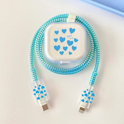 Charger Cover Protection Set, Compatible with Apple 40W Dynamic Power Adapter (with 60W Max), Lucky & Pretty Flexible TPU Charger Case + Laser Spiral Charging Cable Protector, Blue Heart(5in1)