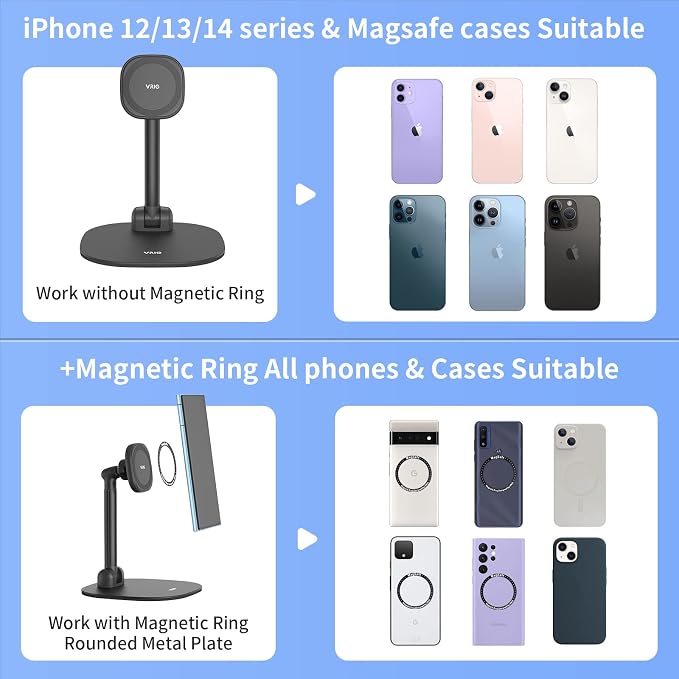 VRIG Magnetic Desk Phone Stand for Office/Home, 360°Rotation Phone Holder with Magnetic Ring Height&Tilt, Adjustable Cell Phone Stand for iPhone 16 15 14 13 12 and More/Android