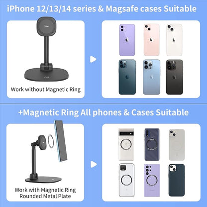VRIG Magnetic Desk Phone Stand for Office/Home, 360°Rotation Phone Holder with Magnetic Ring Height&Tilt, Adjustable Cell Phone Stand for iPhone 16 15 14 13 12 and More/Android