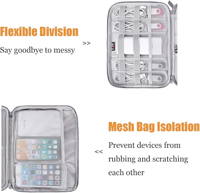 Electronics Organizer, Jelly Comb Electronic Accessories Case Portable Double Layer Cable Storage Bag for Cell Phone, Data Line, Power Bank, USB Flash Drive and More (Gray, Double layer/Small)