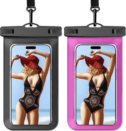 2 Pack Waterproof Phone Pouch, Universal Dry Bag Case Compatible for iPhone 17 16 15 14 13 12 Pro Max, IPX8 Beach Essentials Vacation Must Haves, Black & Bright Red - 7"