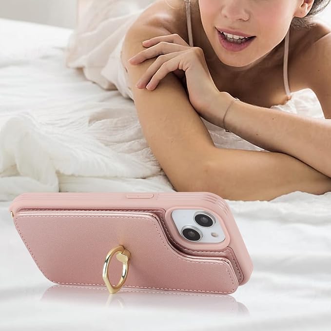 Lipvina for iPhone 13 Case with Card Holder for Women,Phone Case with Strap,Crossbody Lanyard,RFID Blocking,Ring Stand,Snap Clasp,Cute Wallet Cases for iPhone 13 6.1 inch(Rose Gold)