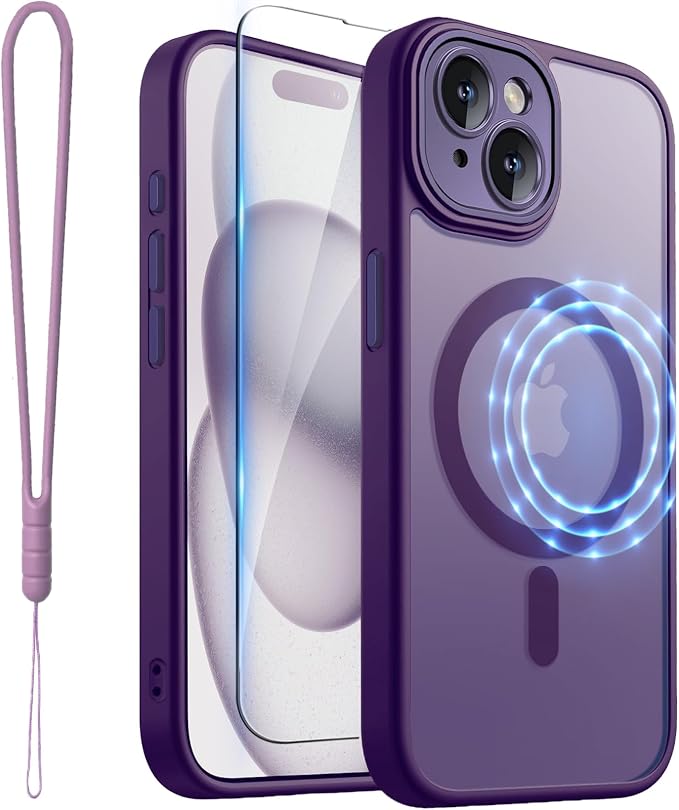 ROYBENS for iPhone 15 Matte Clear Case Compatible with Magsafe, Full Camera Lens Protection, Screen Protector, Wrist Strap, Translucent Magnetic Slim Hard Protective Phone Cover,6.1-Inch, Purple