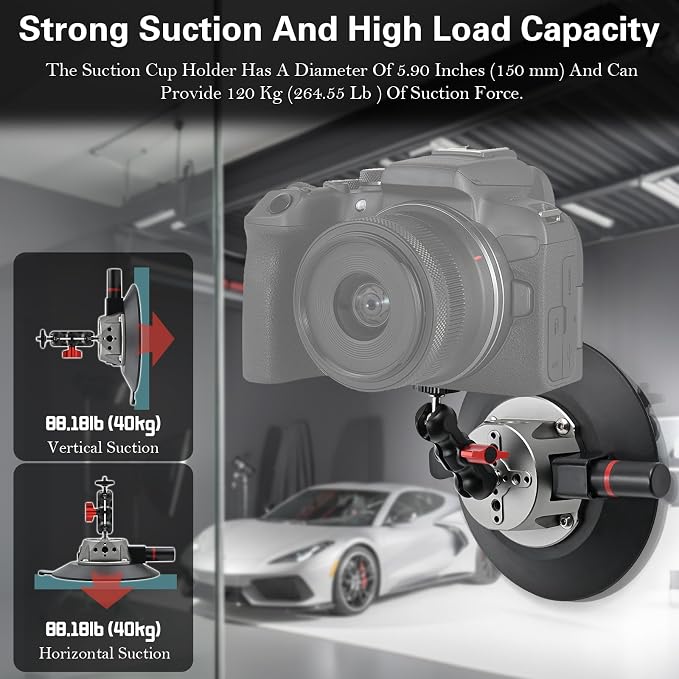 5.9"/15cm Suction Cup Camera Mount with Ball Head Magic Arm, Camera Suction Mount on Car Windshield for DSLR/Action Cameras/Phone Holder, with 1/4" & 3/8" ARRI Holes