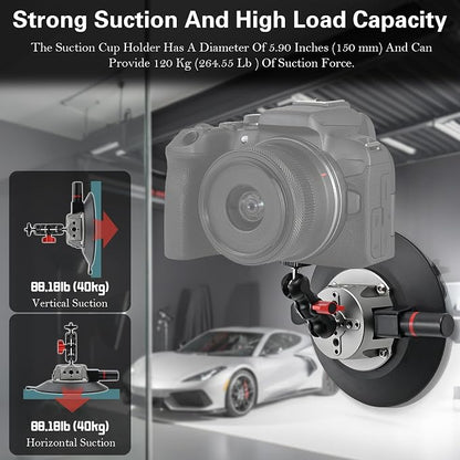 5.9"/15cm Suction Cup Camera Mount with Ball Head Magic Arm, Camera Suction Mount on Car Windshield for DSLR/Action Cameras/Phone Holder, with 1/4" & 3/8" ARRI Holes