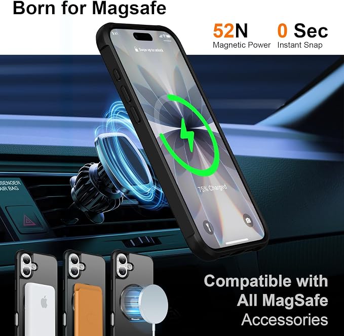 360° Magnetic Swivel Ring for iPhone 17 case, Built-in Metal Stand and Ring Holder, Magsafe Compatible, Military Grade Protection, Shock Resistant - Black