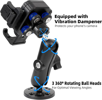 Phone Mount Holder with Vibration Dampener [Camera Friendly] [1s Lock & Release] [Aluminum Round AMPS Base & Medium Arm], for Car Boat Truck, Fits 4.7-7.2" Smartphones