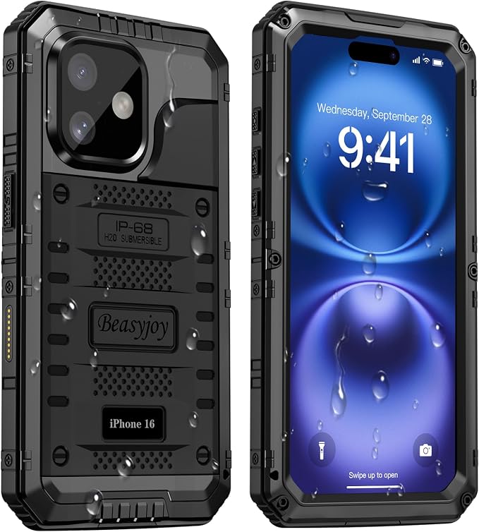 Beasyjoy for iPhone 16 Case Waterproof, Metal Heavy Duty Full Body Protective Case with Built-in Screen Protector, Military Grade Shockproof Dustproof Defender Rugged Cover for iPhone 16 6.1" Black