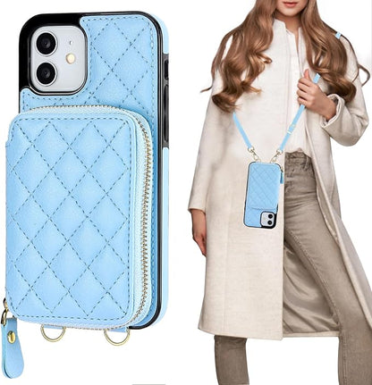 Bocasal Crossbody Wallet Case for iPhone 12/12 Pro, RFID Blocking PU Leather Zipper Handbag Purse Flip Cover, Kickstand Folio Case with Card Slots Holder Wrist Strap Lanyard 5G 6.1 Inch (Blue)