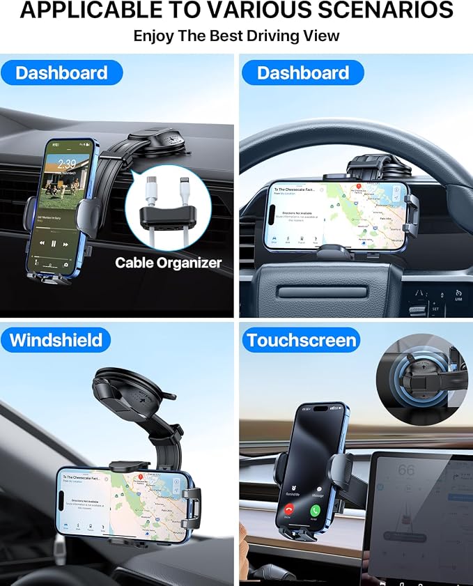 YRU 2026 Ultimate Car Phone Holder Mount Bendable & Adjustable Aluminum Arm Cell Phone Holder for Car Dashboard Windshield Phone Stand for iPhone 17 16 15 14 Pro Max Samsung Pickup Truck,Dark Silver