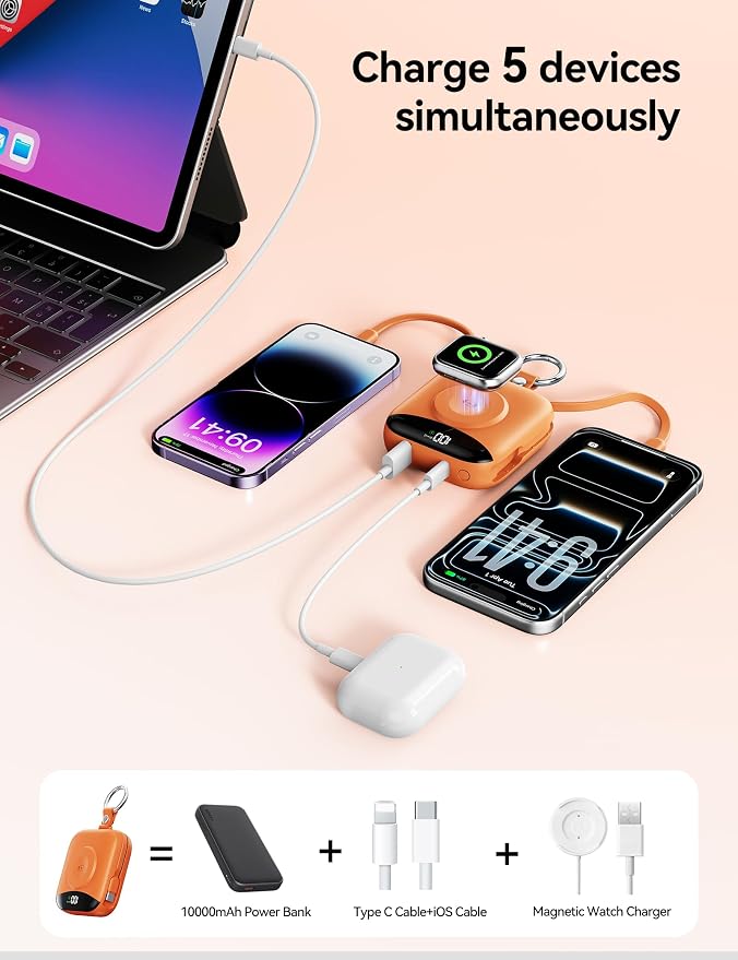 Portable Charger Power Bank, 10000mAh Fast Charging Power Bank with Built-in Cables, Travel Keychain Battery Pack with LED Display for iPhone Samsung Android iPad iWatch Charger 11/10/9/8/Ultra,Orange