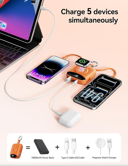 Portable Charger Power Bank, 10000mAh Fast Charging Power Bank with Built-in Cables, Travel Keychain Battery Pack with LED Display for iPhone Samsung Android iPad iWatch Charger 11/10/9/8/Ultra,Orange
