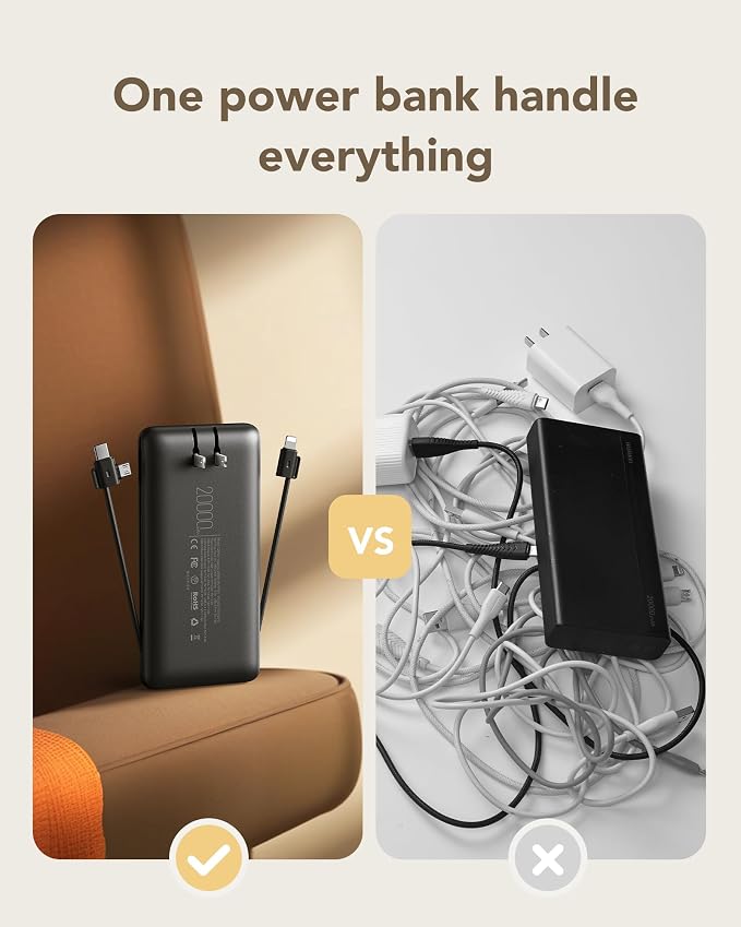 charmast Portable Charger 20000mAh with Wall Plug, Fast Charging Power Bank USB C, 20W PD Battery Pack with Built-in Cables Travel Essential for iPhone 16/15/14, Samsung, iPad More Devices (Black)