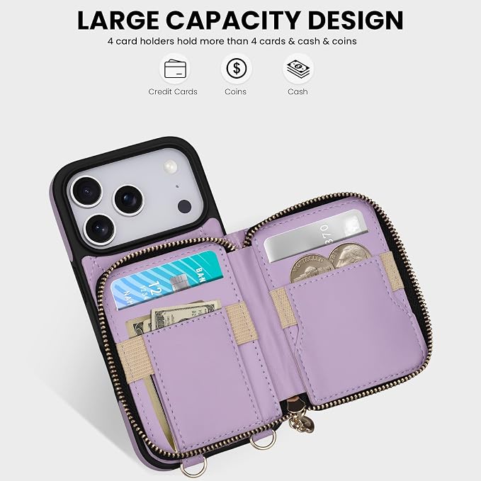 Keallce Case for iPhone 17 Pro 6.3'' Wallet Case, Crossbody Zipper Purse with Wrist Strap Lanyard Handbag, RFID Blocking Card Holders, Kickstand Flip Leather Cover for iPhone 17 Pro, Purple